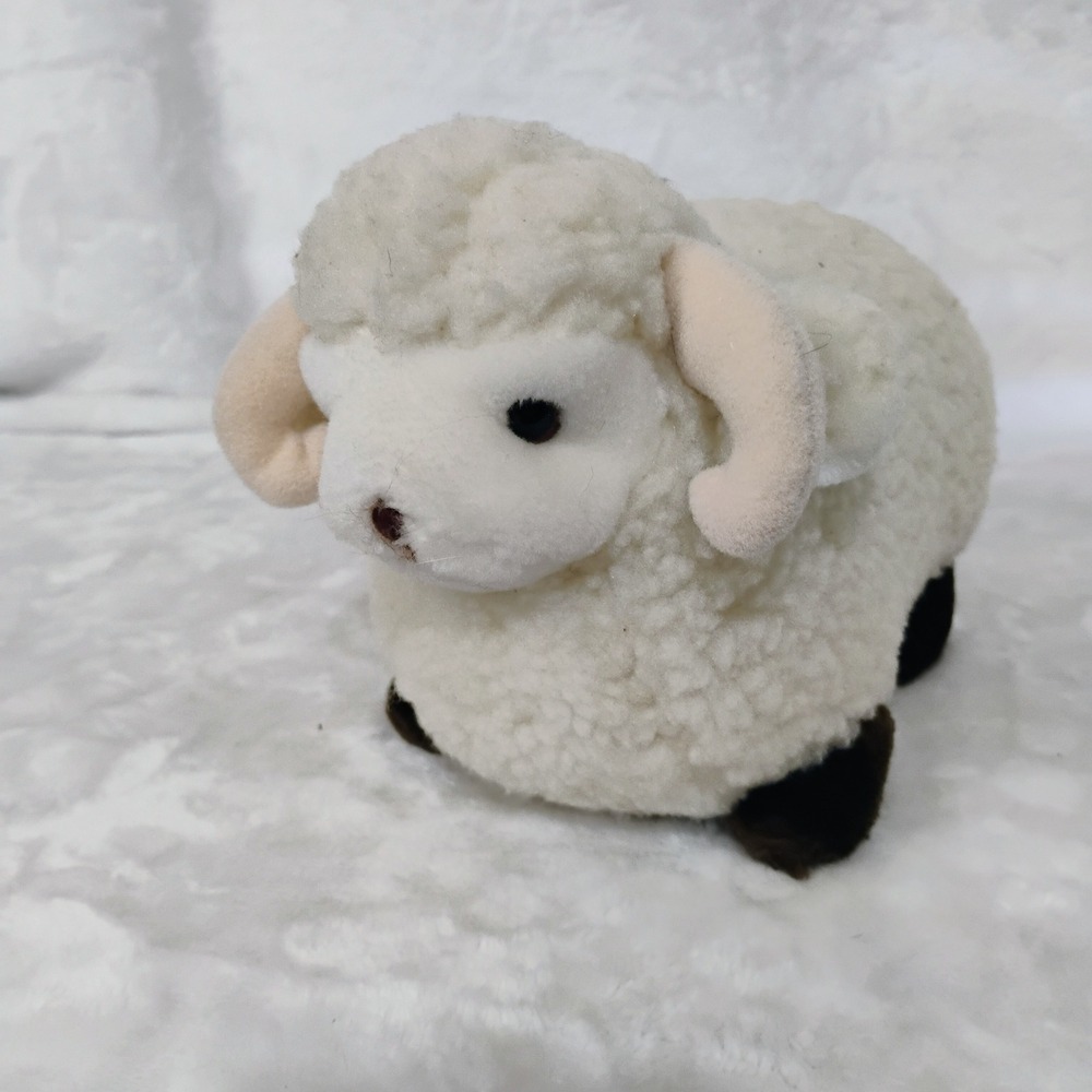 Vtg 80s Gund Horn Lamb Sheep Ram Plush Stuffed Animal Sherpa Cream Brown 8" 1983